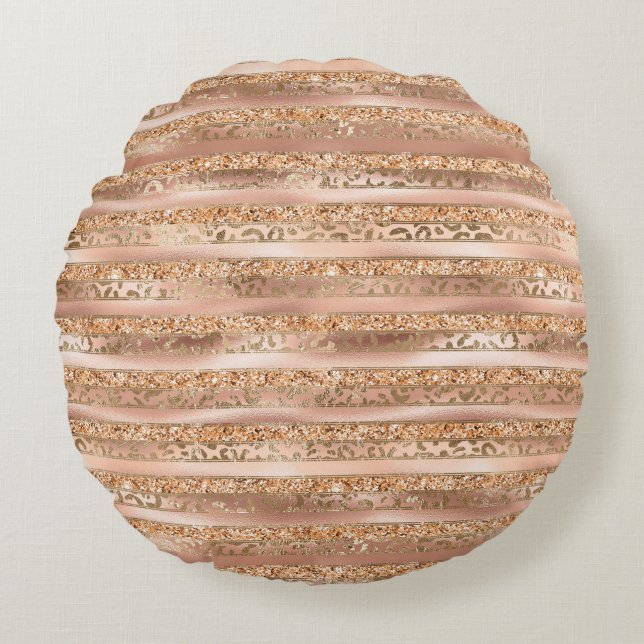 Peach Gold Glitter Leopard Print Stripes Round Cushion (Front)
