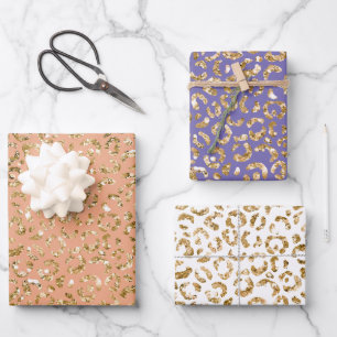 Peach Gold Glitter Leopard Print Wrapping Paper Sheet