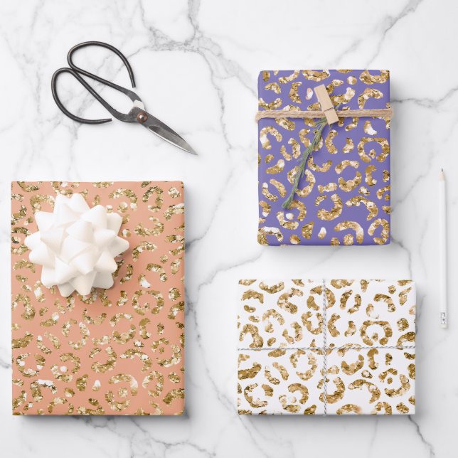 Peach Gold Glitter Leopard Print Wrapping Paper Sheet (Front)