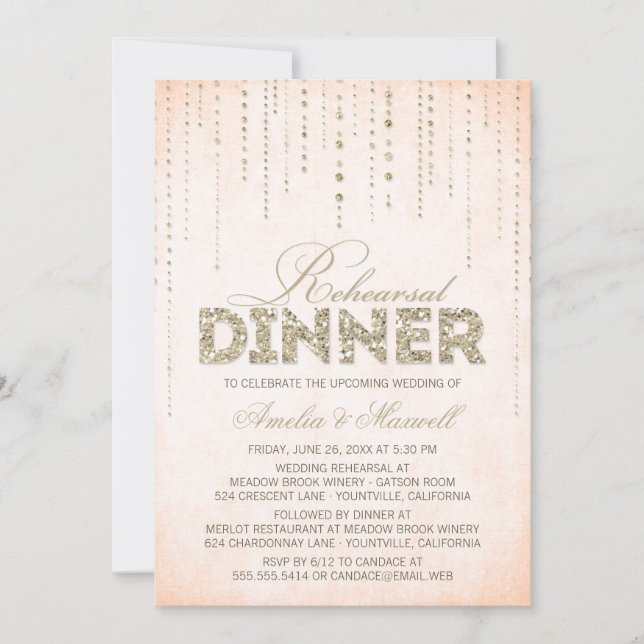Peach & Gold Glitter Look Rehearsal Dinner Invite (Front)