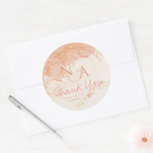 Peach Gold Marble Cute Monogram Wedding Thank You Classic Round Sticker