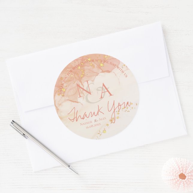 Peach Gold Marble Cute Monogram Wedding Thank You Classic Round Sticker (Envelope)