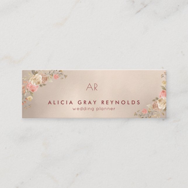 Peach Gold Monogram Elegant Floral Wedding Planner Mini Business Card (Front)