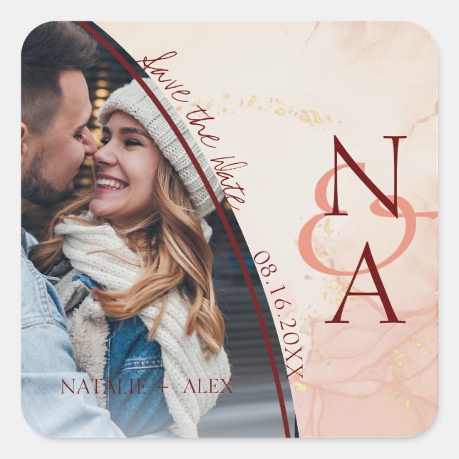 Peach Gold Monogram Photo Wedding Save The Date Square Sticker (Front)