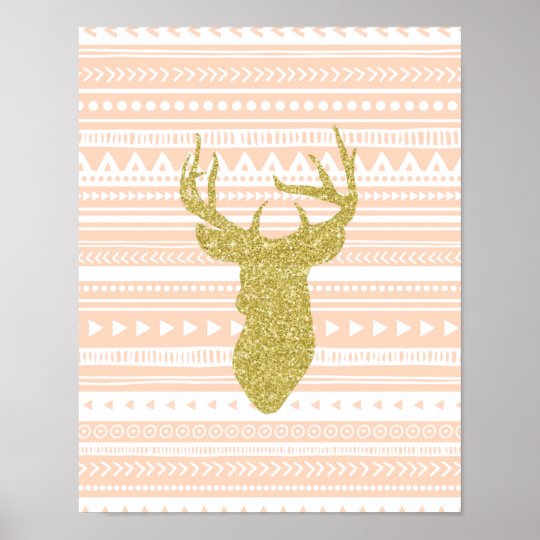 Peach Gold Nursery Decor Deer Tribal Pattern