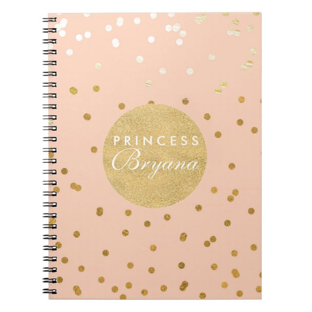 Peach & Gold Shiny Confetti Dots Modern Notebook (Front)
