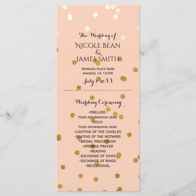 Peach & Gold Shiny Faux Foil Confetti Program Rack Programme (Front)