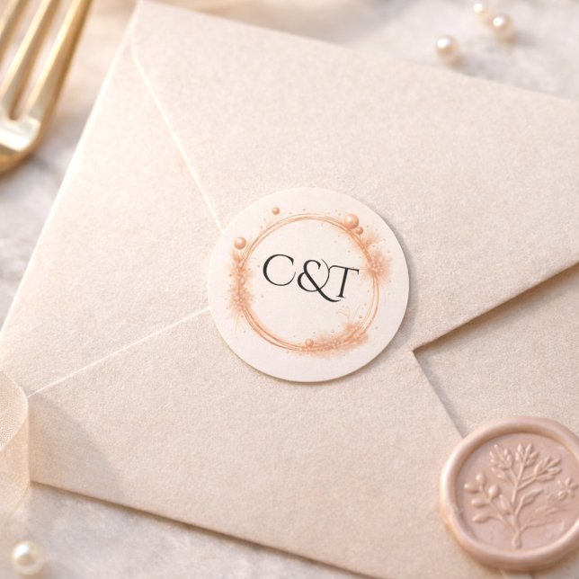 Peach Gold Sparkle Script Monogram Wedding Classic Round Sticker (Creator Uploaded)