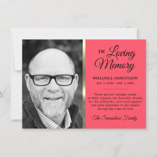 Peach Gold Sympathy Funeral Memory THANK YOU Photo Card