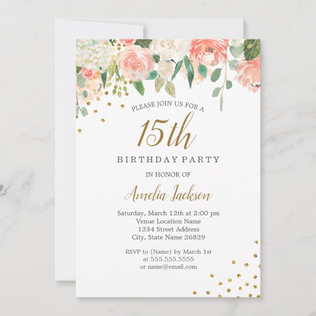 Peach Gold Watercolor Floral 15th Birthday Party Invitation (Front)