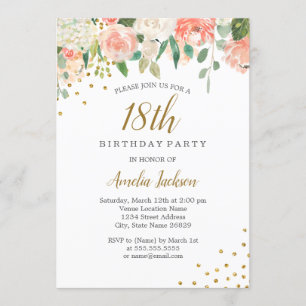 Peach Gold Watercolor Floral 18th Birthday Party Invitation
