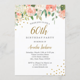 Peach Gold Watercolor Floral 60th Birthday Party Invitation