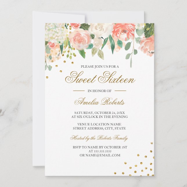 Peach Gold Watercolor Floral Sweet Sixteen Invitation (Front)