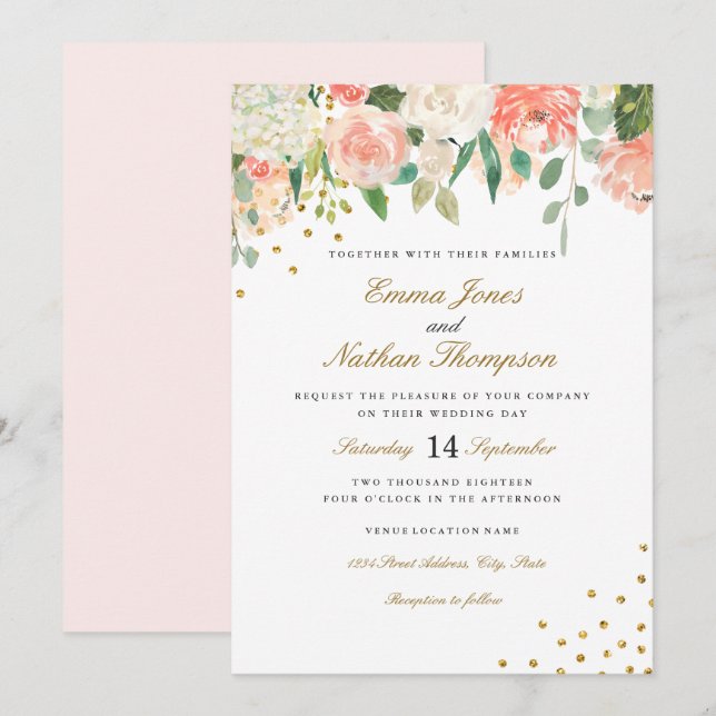 Peach Gold Watercolor Floral Wedding Invitation (Front/Back)