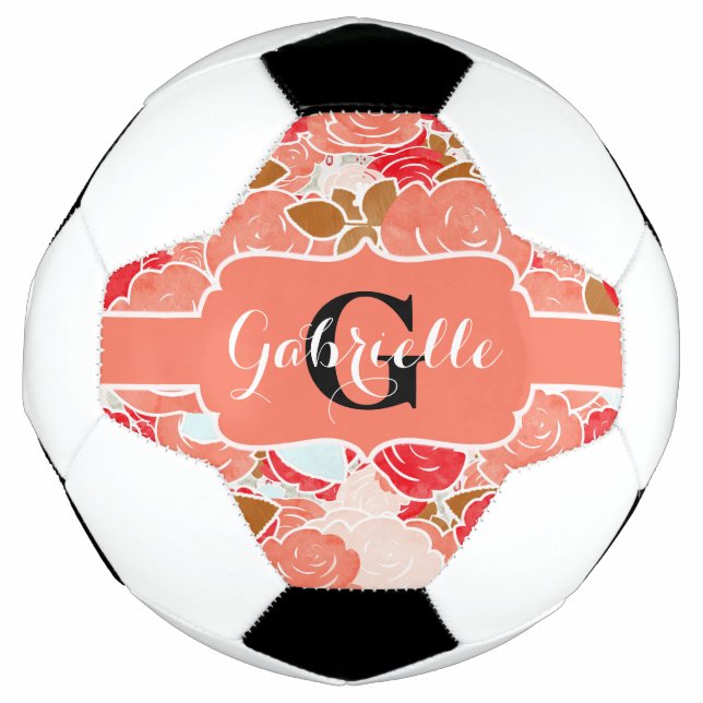 Peach & Gold Watercolor Roses Floral Monogram Football (Front)