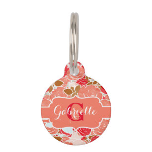 Peach & Gold Watercolor Roses Floral Monogram Pet Tag