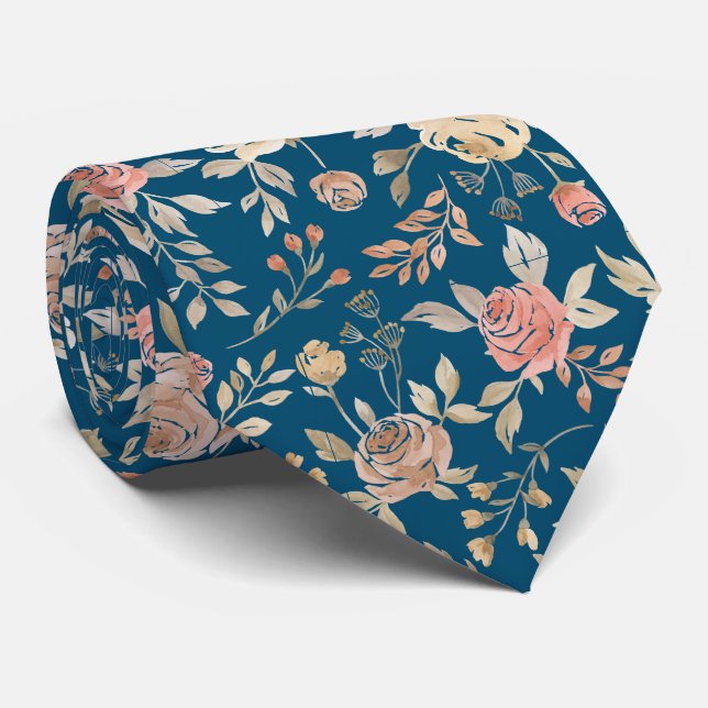 Peach gold watercolor roses navy pattern neck tie (Rolled)