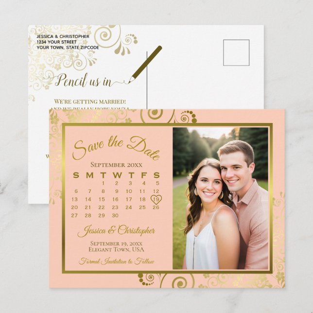 Peach & Gold Wedding Save the Date Calendar Photo Announcement Postcard (Front/Back)
