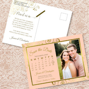Peach & Gold Wedding Save the Date Calendar Photo Announcement Postcard