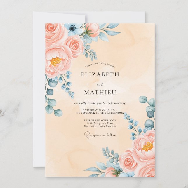 Peach Graceful Peony Wedding Invitation (Front)