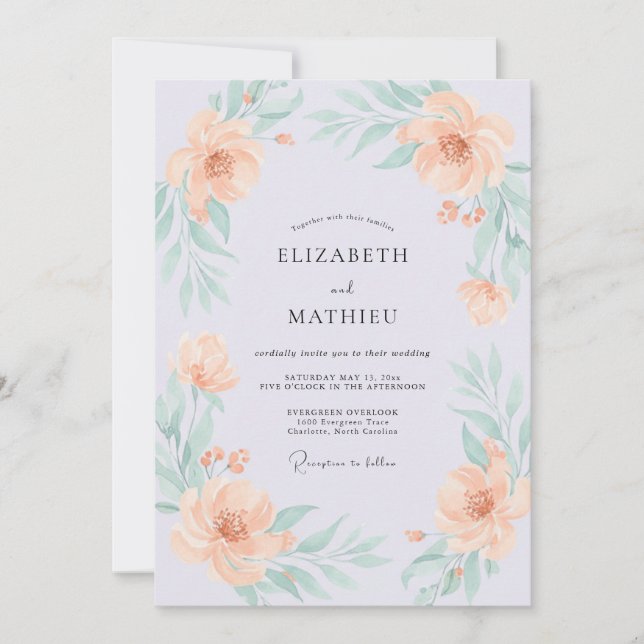 Peach Graceful Watercolor Wedding Invitation (Front)