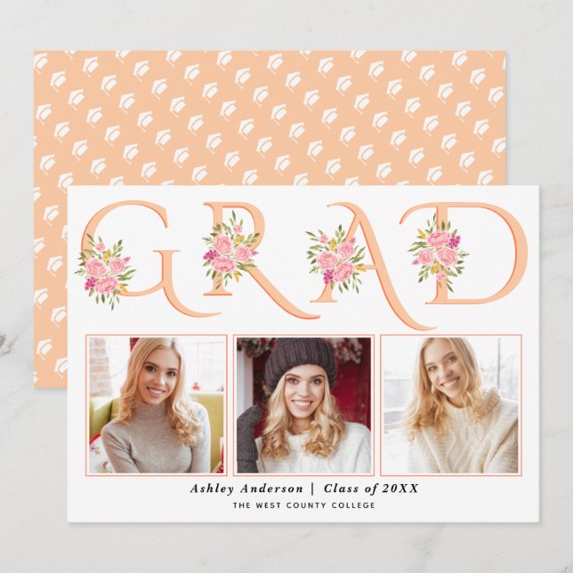 Peach GRAD typography pink roses photo graduation Announcement (Front/Back)