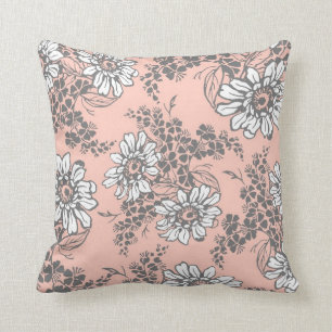 Peach Gray White Floral Decorative Pillow