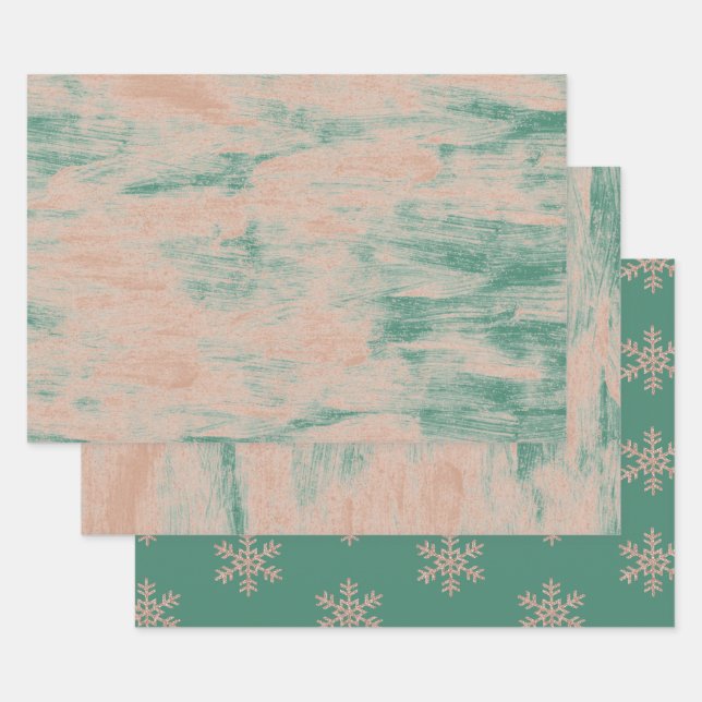 Peach Green Abstract Snowflakes Christmas Wrapping Paper Sheet (Set)