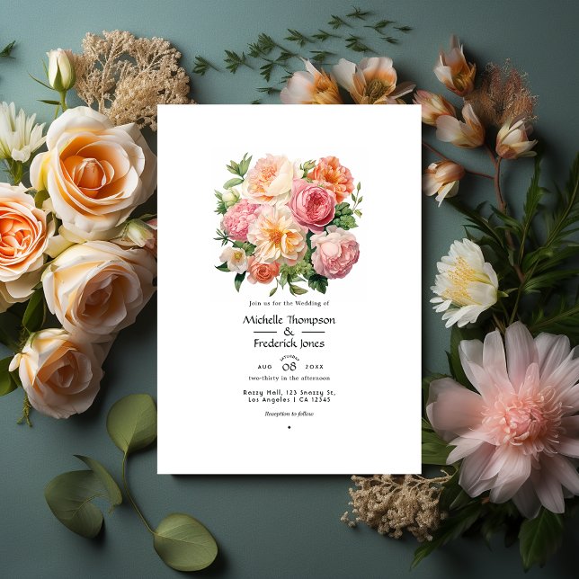 Peach, Green and Pastel Pink Floral Summer Wedding Invitation (Creator Uploaded)
