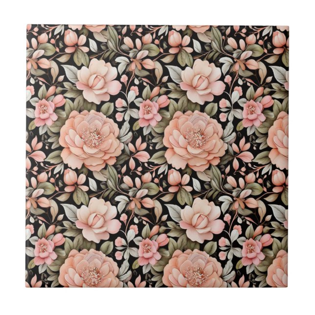 Peach Green Black Floral Kitchen Bathroom Remodel Tile (Front)
