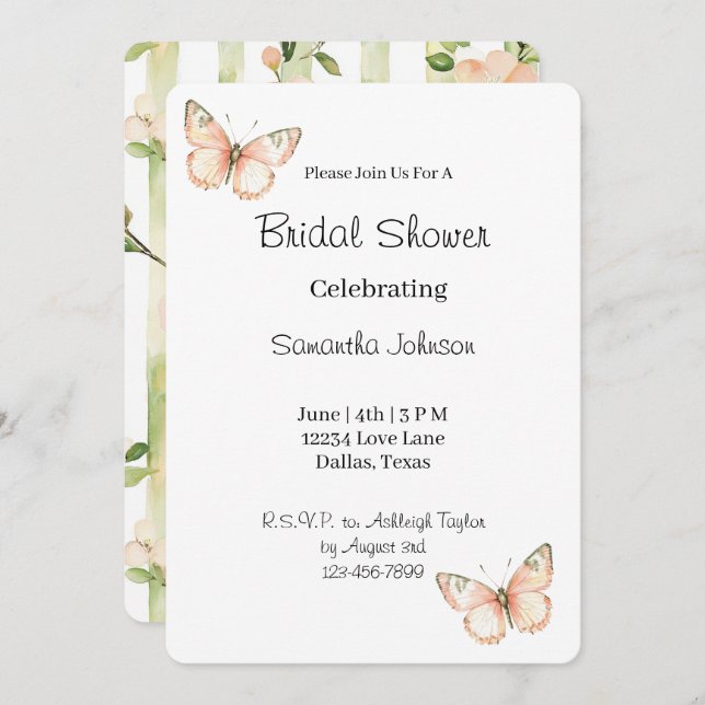 Peach Green Butterflies Floral Bridal Shower   Invitation (Front/Back)