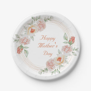 Peach Green Floral Elegant Happy Mother's Day Paper Plate