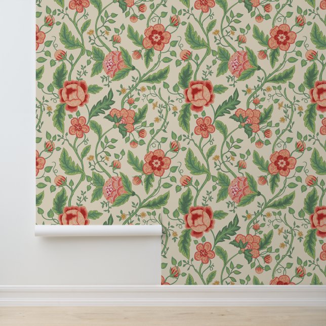 Peach & Green Jacobean  Floral Pattern Wallpaper (Application)