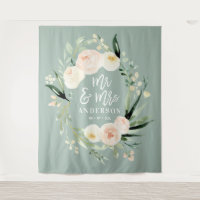 Peach + green Mr & Mrs watercolor floral wedding
