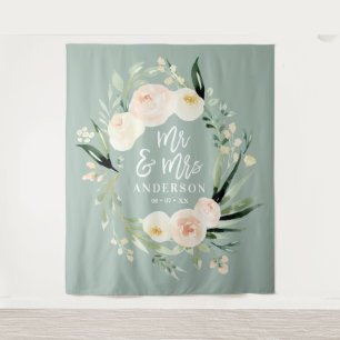 Peach + green Mr & Mrs watercolor floral wedding Tapestry
