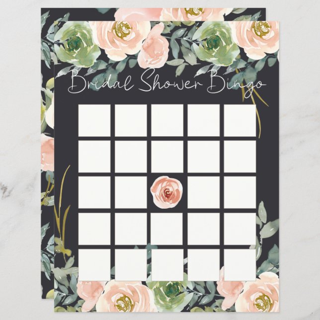 Peach Green Navy Pastel Floral Bridal Shower Bingo (Front/Back)
