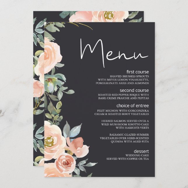 Peach Green Navy Pastel Floral Wedding Menu (Front/Back)
