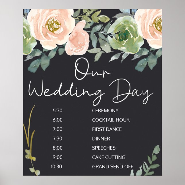 Peach Green Navy Pastel Floral Wedding Schedule Poster (Front)