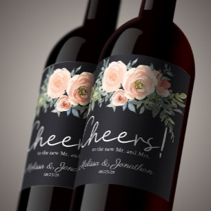 Peach Green Navy Pastel Floral Wedding Wine Label