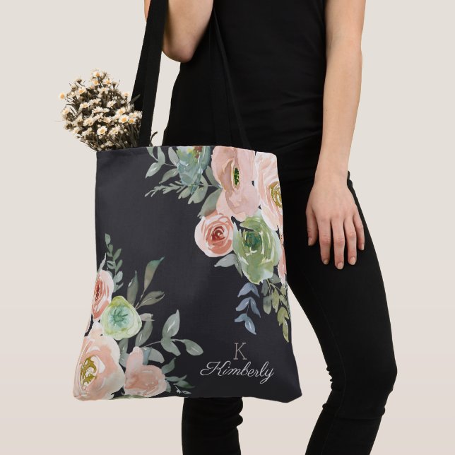 Peach Green Navy Pastel Initial Monogram Tote Bag (Close Up)