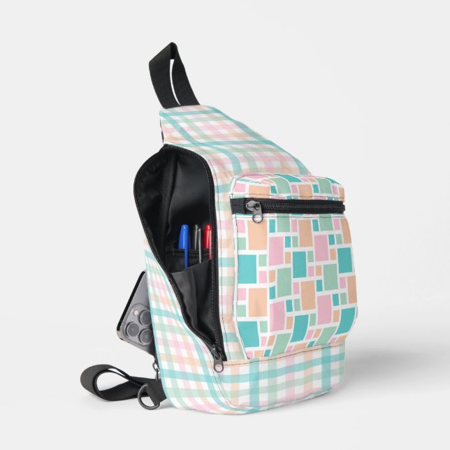 PEACH GREEN TURQUOISE PINK GEOMETRIC PATTERNS SLING BAG (Open)