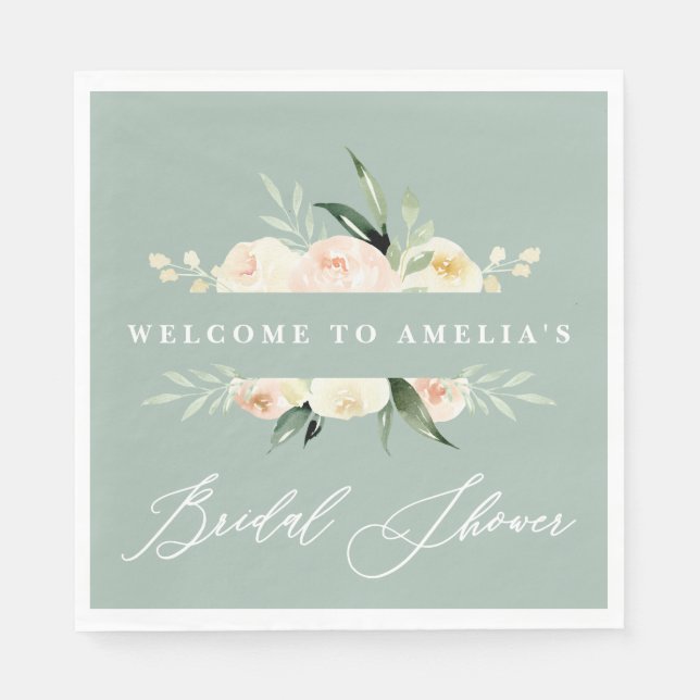 Peach + green watercolor floral bridal shower napkin (Front)