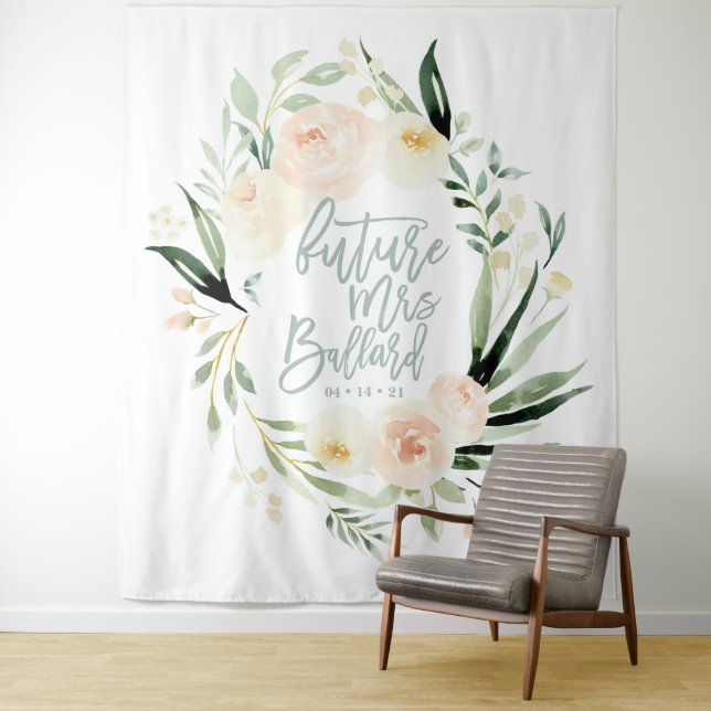 Peach + green watercolor floral bridal shower tapestry (In Situ)
