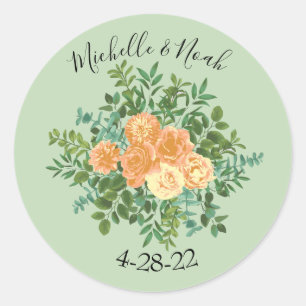 Peach Green Wedding Spring Pastel Floral Classic Round Sticker