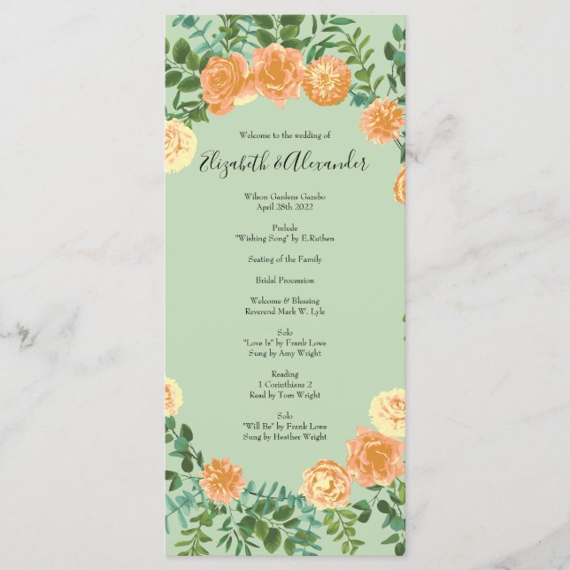 Peach Green Wedding Spring Pastel Floral Menu (Front)