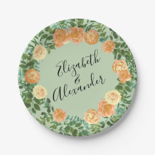 Peach Green Wedding Spring Pastel Floral Paper Plate