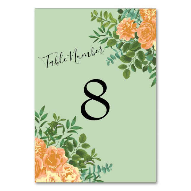 Peach Green Wedding Spring Pastel Floral Table Number (Back)