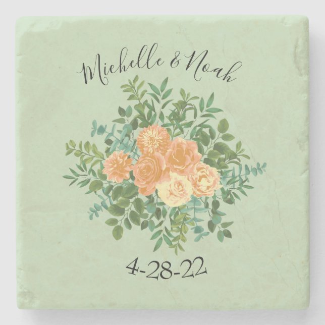 Peach Green Wedding Spring Pastel Stone Coaster (Front)