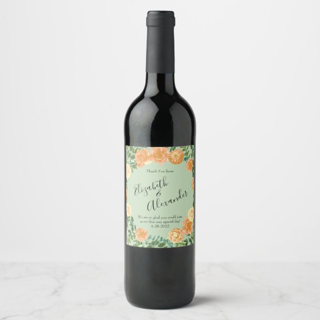 Peach Green Wedding Spring Pastel Wine Label (Front)