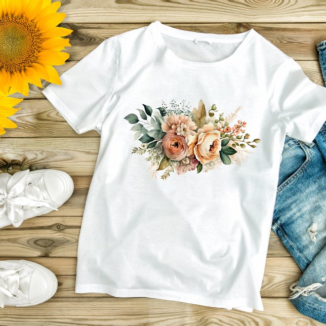 Peach Greenery Botanical Watercolor Floral Bouquet T-Shirt (Peach Floral Botanical Greenery Watercolor Flowers in Bouquet Women's T-shirt)